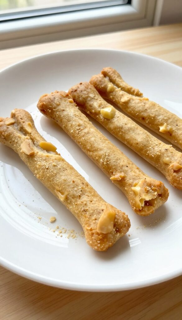 Close-up of homemade peanut butter banana soft dog treats, golden-brown and bite-sized, on a white plate with natural lighting, showing a soft, chewy texture for easy canine chewing.