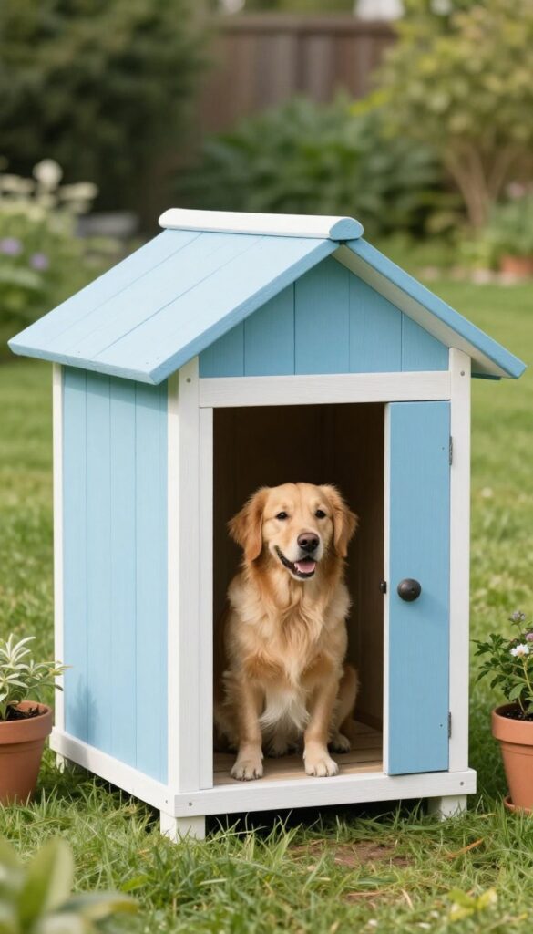 Simple wooden crate dog house with a golden retriever in a sunny backyard