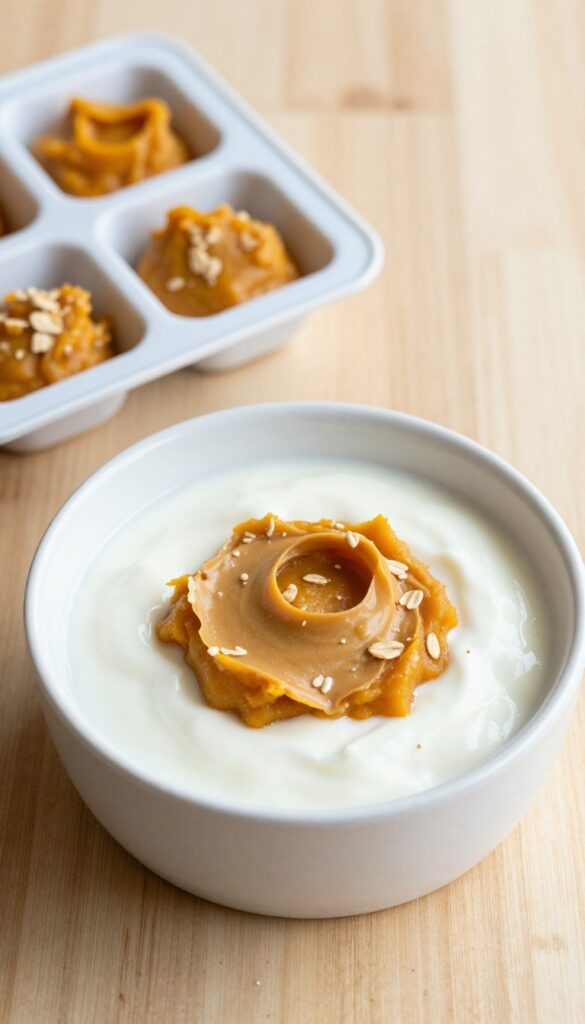 A bowl of creamy yogurt and pumpkin mixture for homemade frozen dog treats, with a silicone mold nearby, set on a wooden surface in natural light.