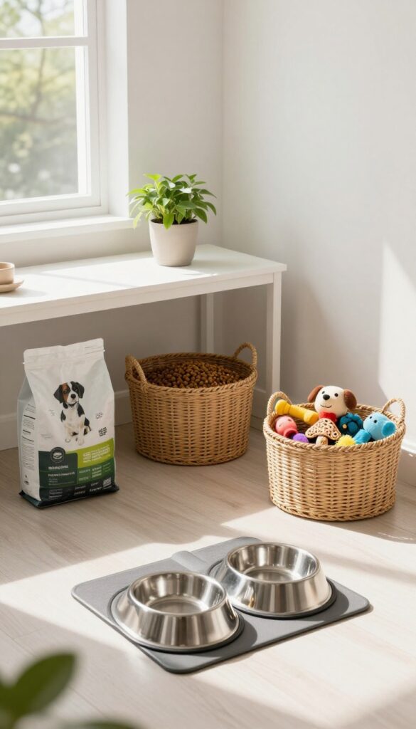 Compact feeding station with storage in a corner, featuring dog bowls on a console table and baskets below for kibble and treats.