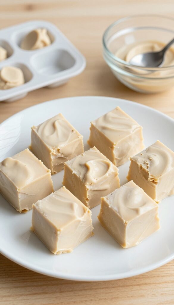 Homemade frozen peanut butter yogurt cubes for dogs, served on a plain plate with natural lighting, ideal for a dog treat blog section on cooling snacks.