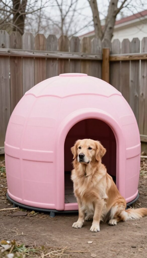 Pastel pink igloo dog house in snowy backyard with Golden Retriever