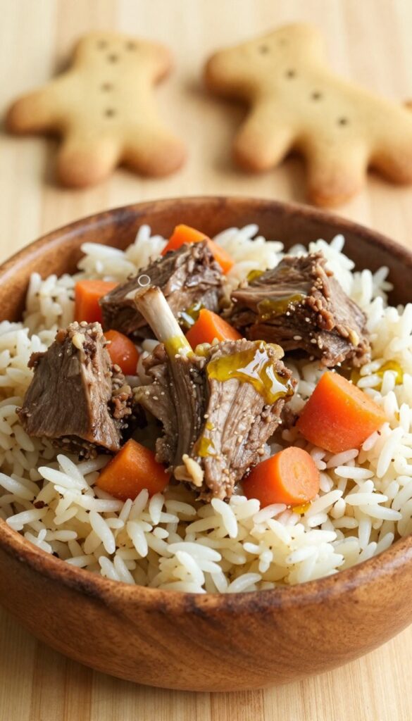 Homemade lamb and brown rice dog food in a wooden bowl with carrots and olive oil