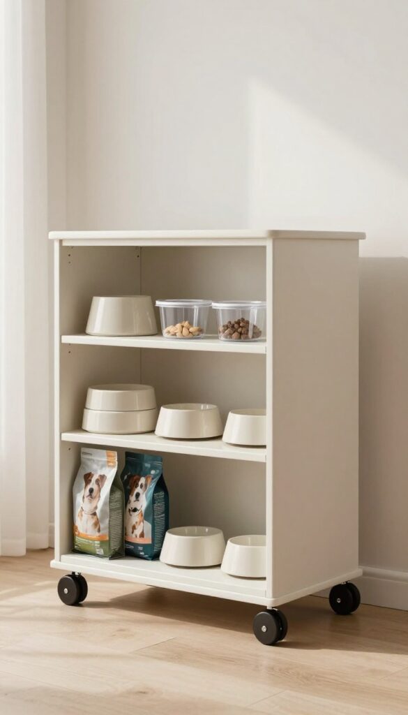 A stylish rolling cart used for mobile dog food storage in a bright home setting, featuring organized shelves with kibble, treats, and bowls.