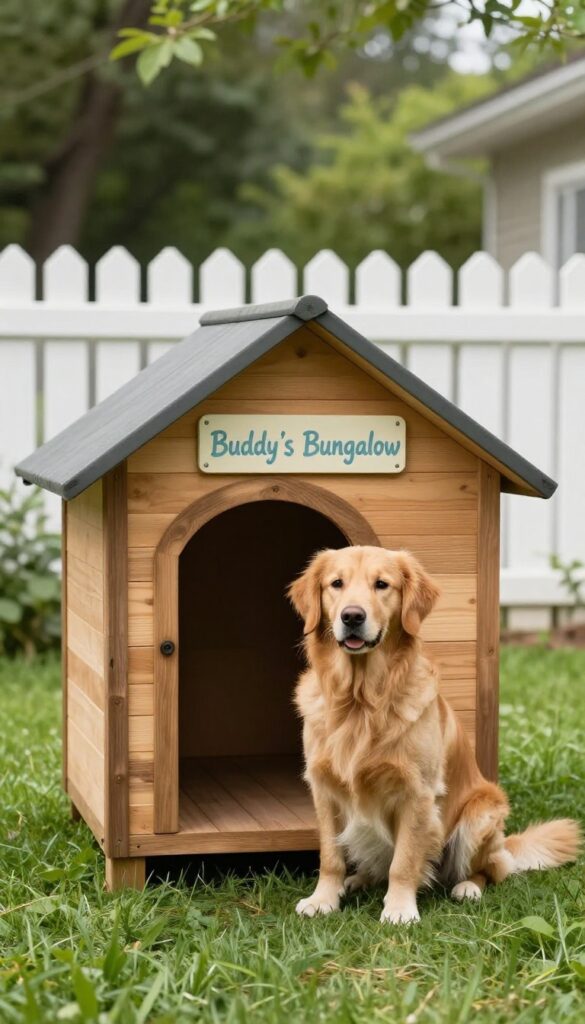 Custom dog house sign with dog's name, photorealistic backyard scene