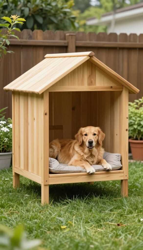 Dog house with a porch in a backyard, golden retriever lounging on a cushion on the porch