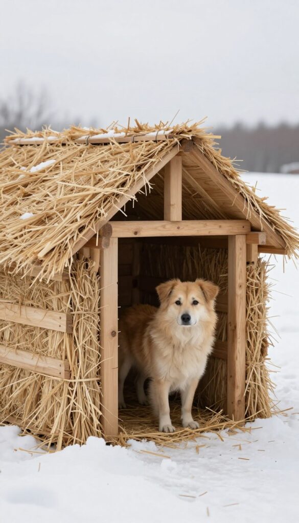 Straw bale dog house in winter with a dog peeking out