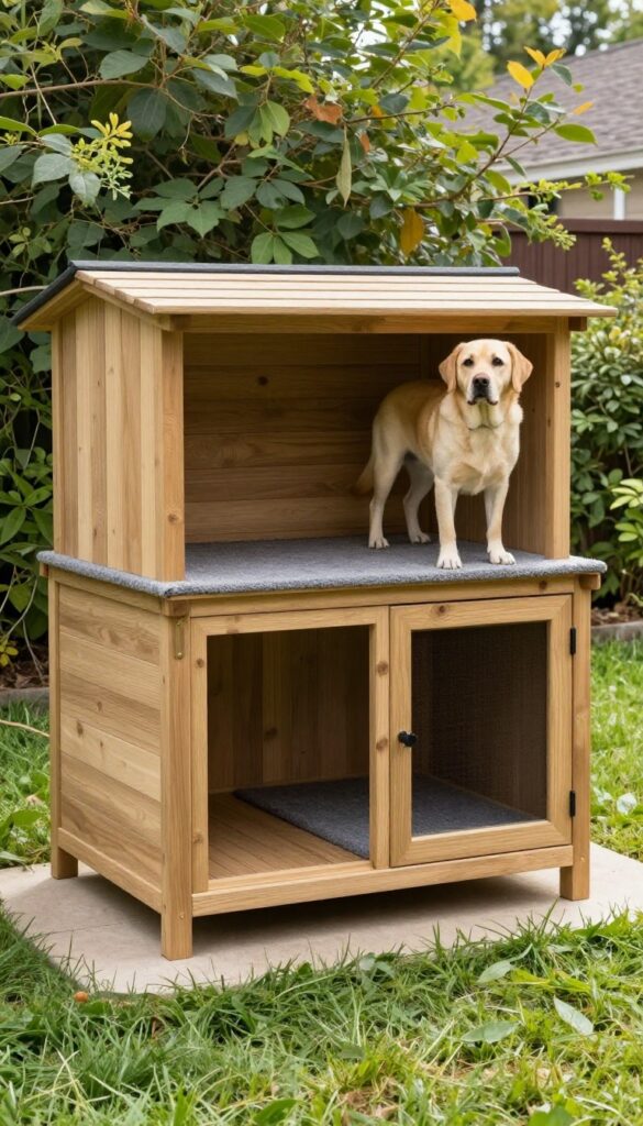 Two-story modern dog house with ramp in a sunny backyard, Labrador on ramp