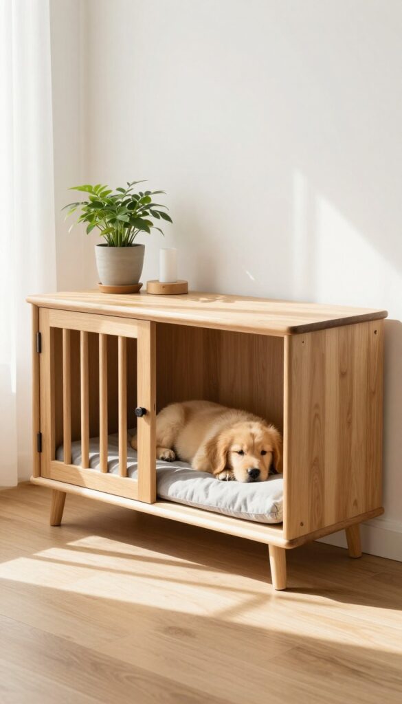 Stylish wooden console table with built-in dog crate, puppy sleeping inside