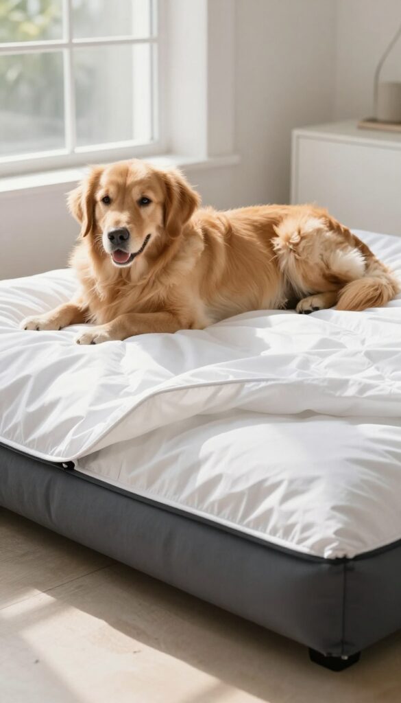 Dog bed with washable cushion cover and waterproof liner, golden retriever resting on it