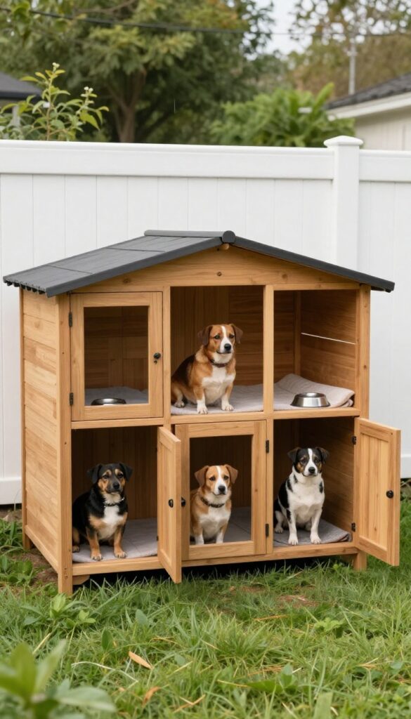 Repurposed garden shed with three dog doors and custom partitions for three dogs