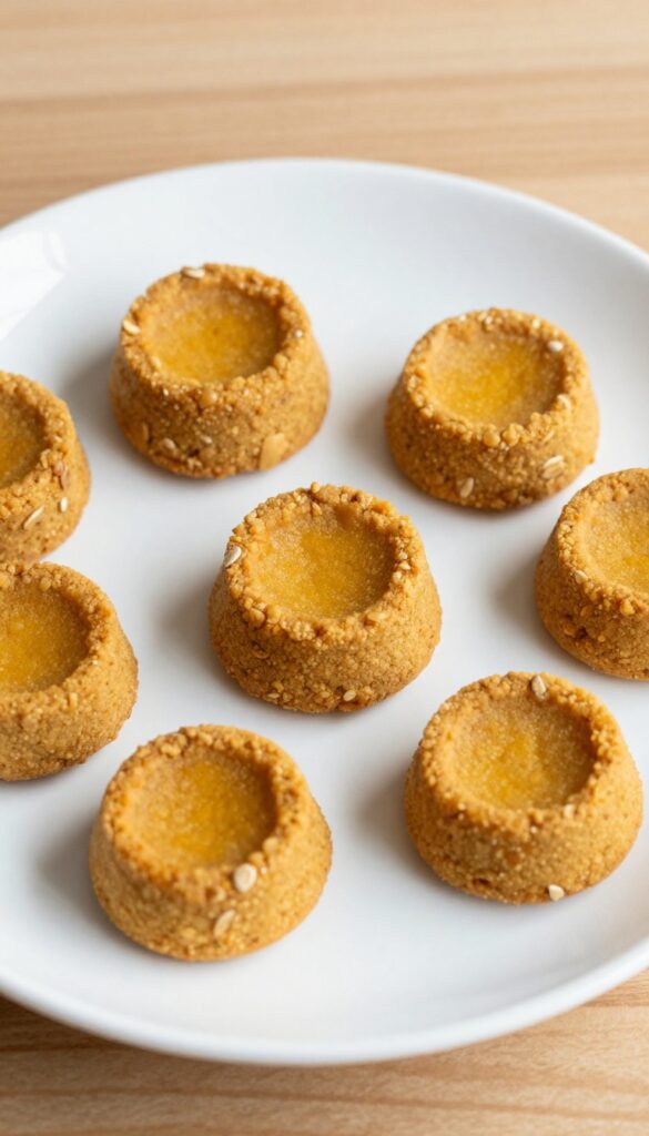 Close-up of homemade pumpkin oat crunch dog cookies on a plain white plate, showcasing golden-brown treats with a soft center and crunchy texture, set against a clean wooden background in natural light.