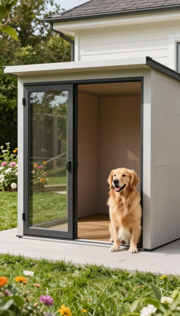 Indoor-outdoor dog house with dog door in a modern backyard