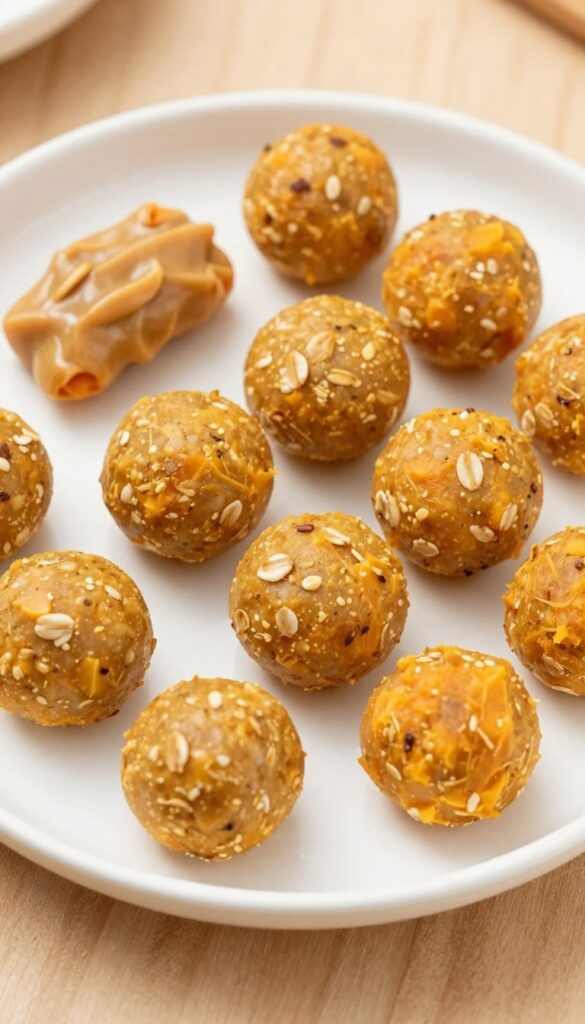 A close-up of homemade sweet potato and oat energy balls for puppies, arranged on a plain white plate against a wooden background, showcasing soft, bite-sized treats in natural light.