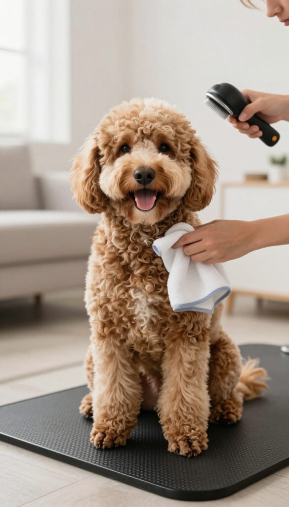 A Doodle dog receiving gentle grooming with detangling spray to ease brushing, showcasing a stress-free routine for pet owners.