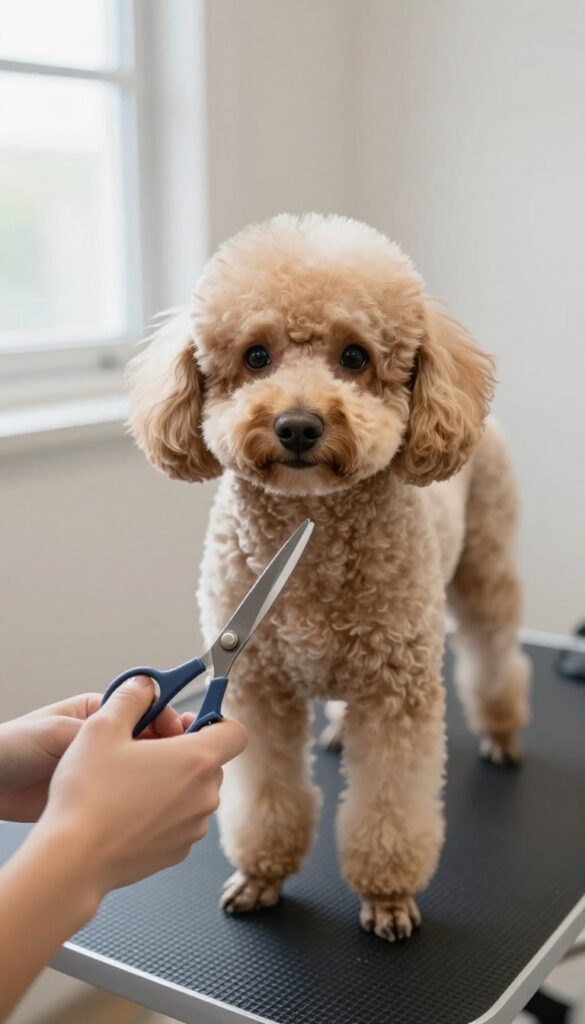 A poodle's face during grooming, with hands carefully trimming around the eyes in a calm, well-lit setting