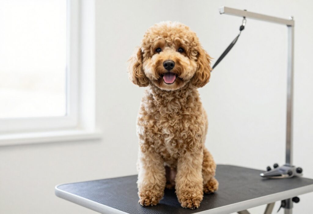 A cheerful doodle dog with a neat haircut in a grooming setup, showcasing practical dog care tools.