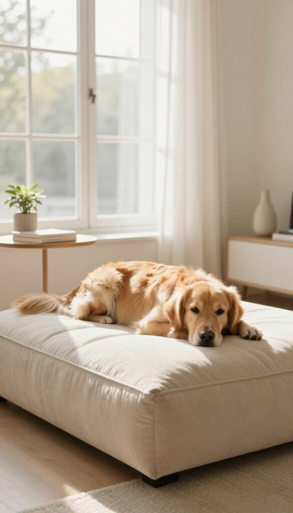 Multi-purpose ottoman dog bed in a bright living room, blending with decor and providing a cozy spot for a golden retriever.