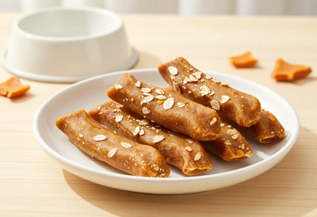 Homemade soft sweet potato and oat dog treats arranged on a white plate with a dog bowl, showcasing a nutritious and appealing snack for dogs in a bright, natural setting.