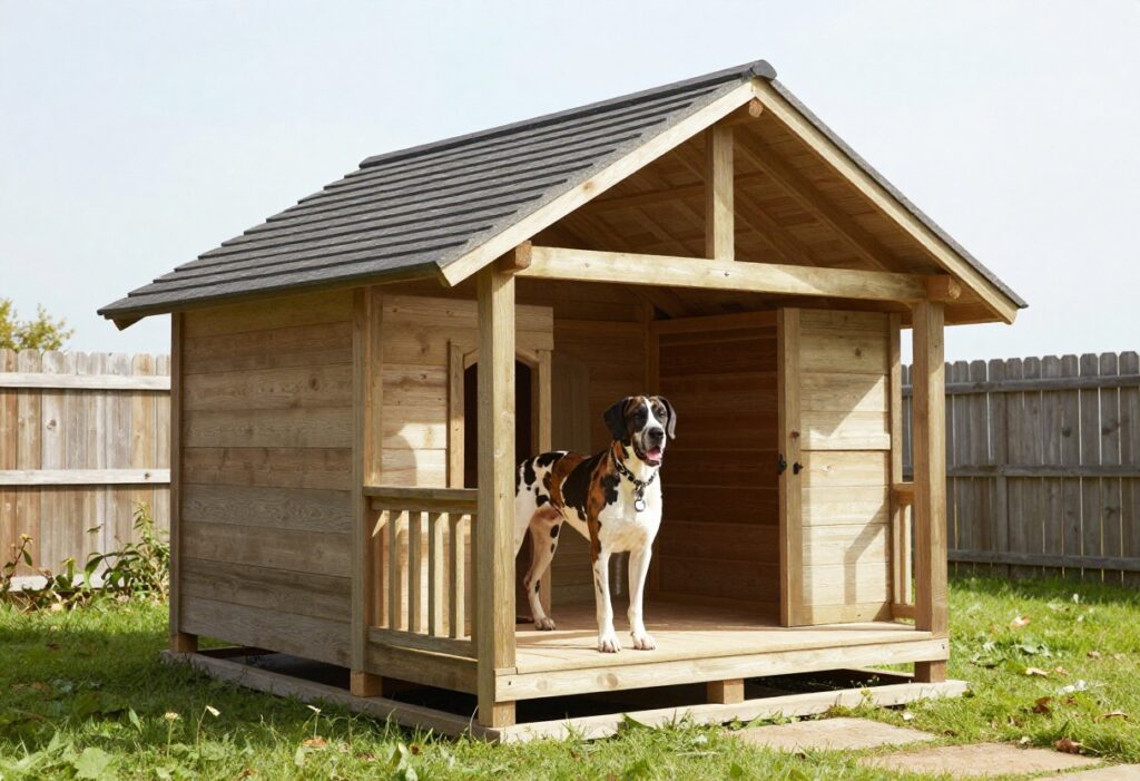 Extra large wooden dog house with a Great Dane standing next to it in a backyard