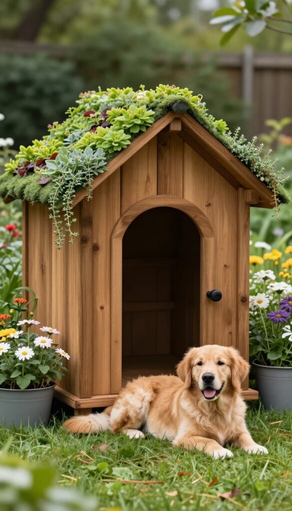 A wooden dog house with a green roof of sedum and thyme in a sunny backyard, with a Golden Retriever resting beside it.