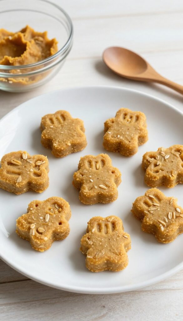 Homemade pumpkin oat soft chews for dogs, arranged on a white plate with a wooden spoon and bowl in the background, showcasing a gentle, stomach-friendly treat in a clean, natural setting.