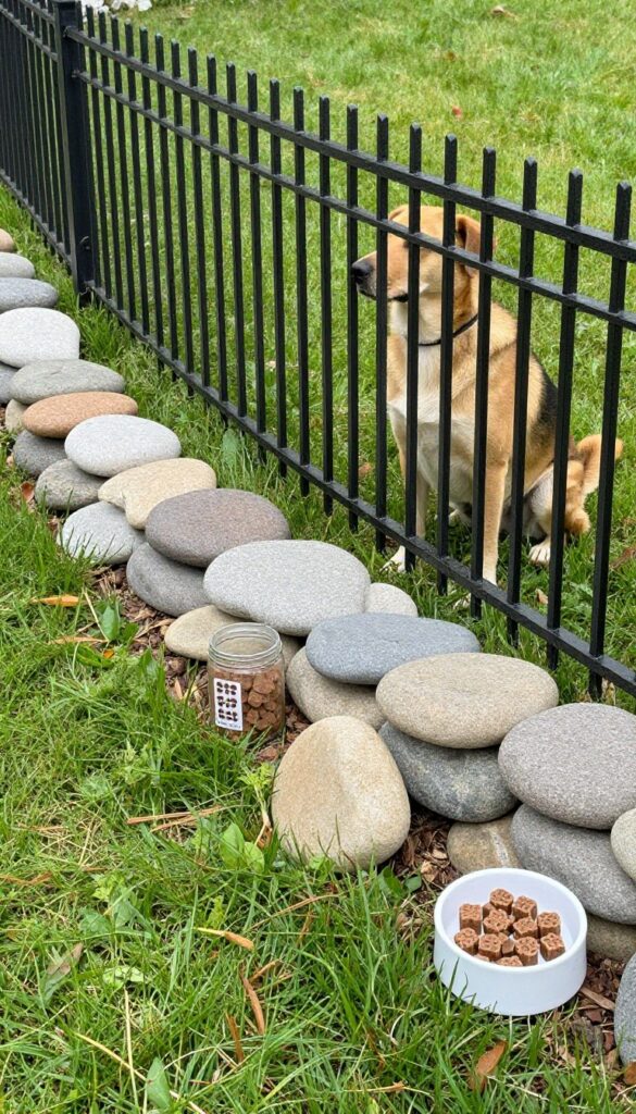 Stone base garden fence with landscaping stones preventing dog digging