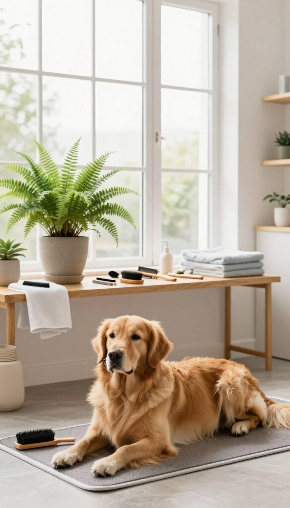 A realistic photo of a dog grooming shop featuring non-toxic plants like Boston ferns on high shelves to create a calming atmosphere for dogs and owners.