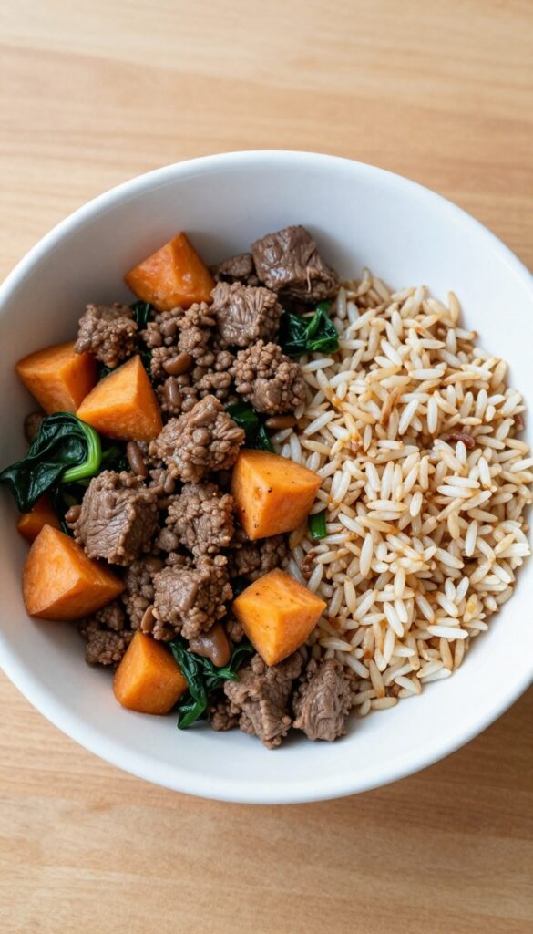 A bowl of homemade beef and sweet potato dog food with spinach and brown rice, prepared for dogs needing a more satisfying meal.