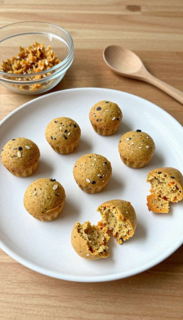 Homemade sweet potato puppy muffins on a plain plate, with a bowl and spoon, showcasing soft, crumbly dog treats in a bright, clean setting for a dog recipe blog.
