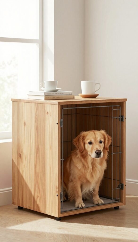 Furniture-style dog crate that doubles as a side table in a bright living room