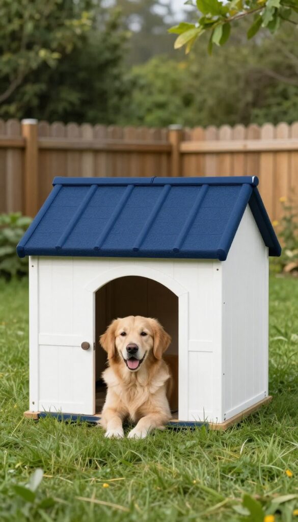 Classic white dog house with navy blue roof and trim on green grass