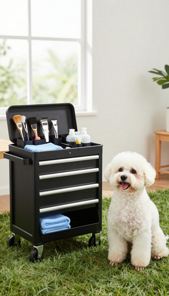 A compact tool caddy filled with organized grooming tools next to a calm dog in natural light, illustrating mobile grooming efficiency.