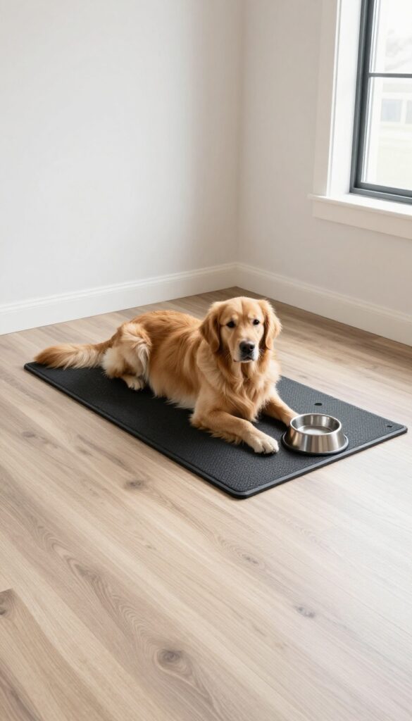 Dog house interior with vinyl flooring and rubber mat, dog resting inside