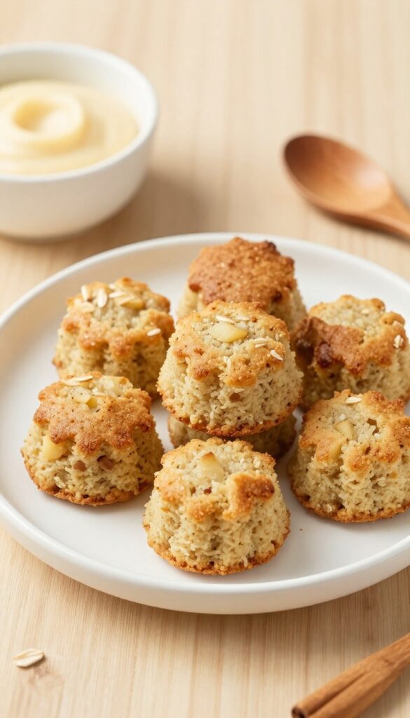 Homemade apple cinnamon oat pup cakes for dogs, soft and golden-brown, arranged on a white plate with a wooden spoon and bowl, in a bright, clean kitchen setting.