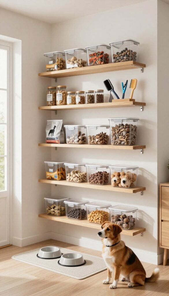 A corner nook with floating shelves used as a compact dog food station, showing organized storage for dog essentials like food bins and grooming tools in a bright, natural light setting.