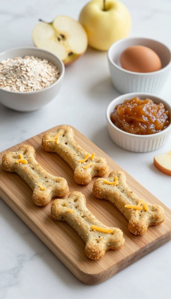 Homemade apple cheddar crunch bone dog treats on a wooden cutting board with ingredients like oat flour, apple, and cheese, showcasing a crispy texture for canine chewing lovers.