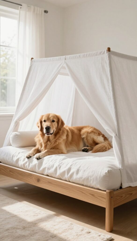 Elevated dog bed with canopy in bright room with Golden Retriever
