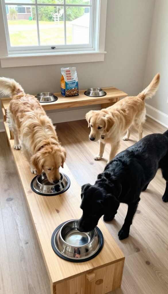 Multi-dog feeding bar with separate compartments for each dog, featuring stainless steel bowls on non-slip mats, built into a mudroom wall.