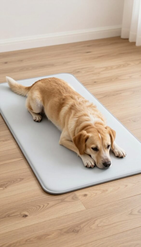 A dog resting on a temperature-regulating mat in a bright, clean home setting, illustrating comfort and care for pet accessories.