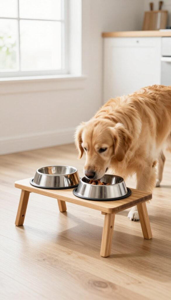 Dog eating from an elevated wooden feeding stand with stainless steel bowls on a drip tray in a bright kitchen
