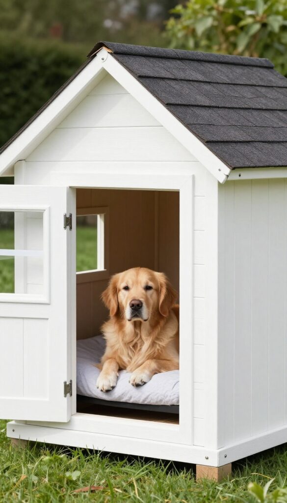 Custom dog house with window AC unit installed for summer cooling