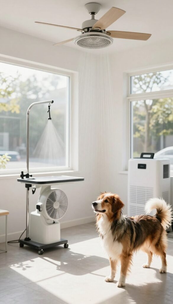 A realistic photo of a dog grooming shop featuring ventilation equipment like an exhaust fan and dehumidifier to ensure fresh air, with a dog being groomed in a bright, cozy environment.