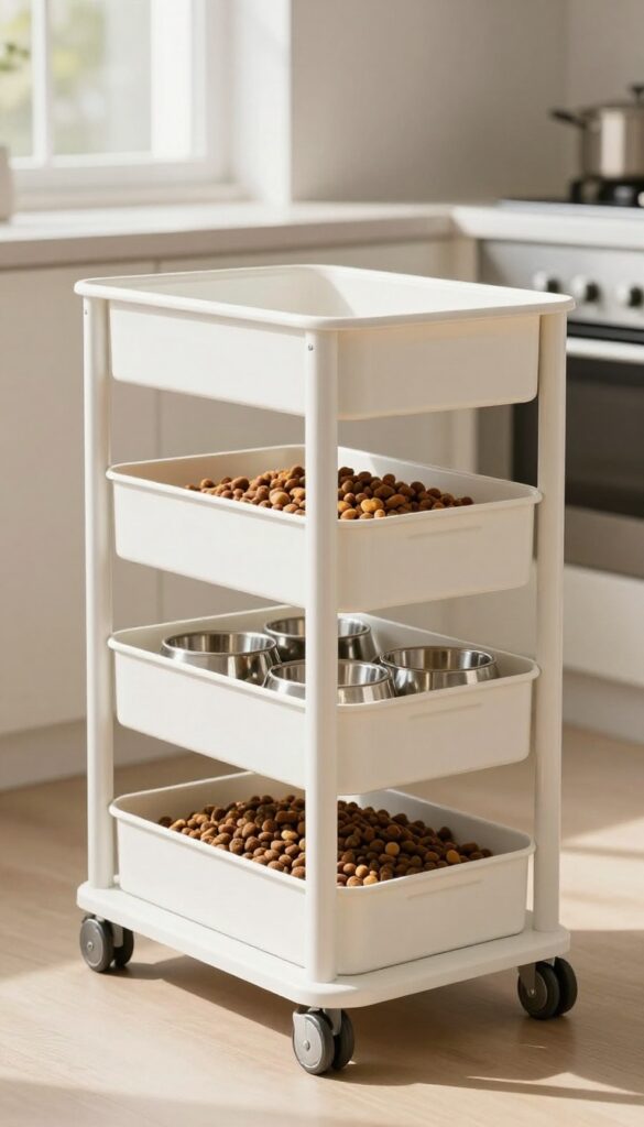 A rolling cart with dividers organizing dog food, treats, and bowls in a bright, natural-lit space for flexible storage.