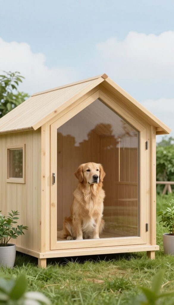 Scandinavian-inspired dog cabin with large windows in a sunny backyard, featuring a Golden Retriever inside.