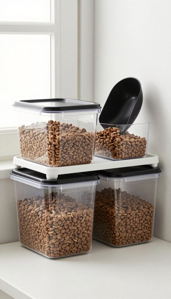 Stackable clear dog food containers with built-in scoop on a pantry shelf, bright natural light, organized and tidy.