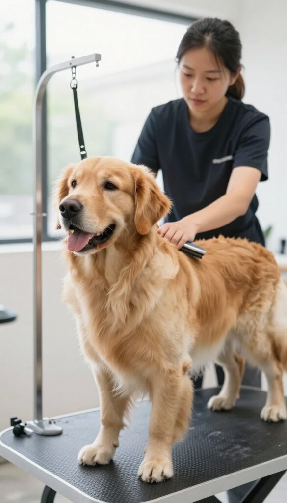 A Golden Retriever being gently groomed by a professional in a bright, clean salon, highlighting the importance of choosing a skilled and caring groomer for dogs.