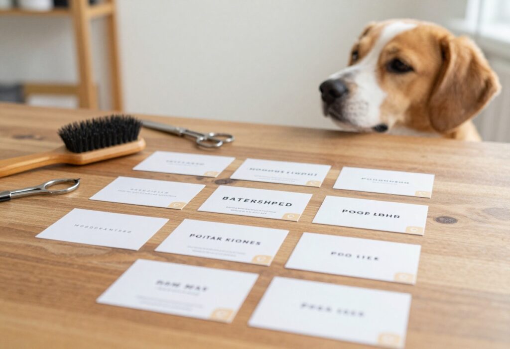Dog grooming business cards displayed with a curious dog and grooming tools on a wooden table.