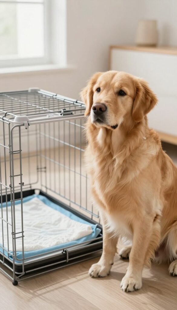 Dog crate with removable tray being pulled out, golden retriever beside it in bright living room