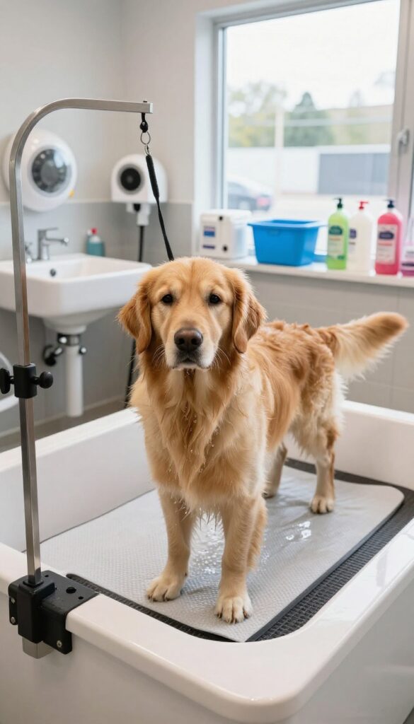 A realistic photo of a dog grooming shop featuring an easy-access sink and drying station, with a wet Golden Retriever on a non-slip mat, showcasing practical decor ideas for stylish and efficient spaces.
